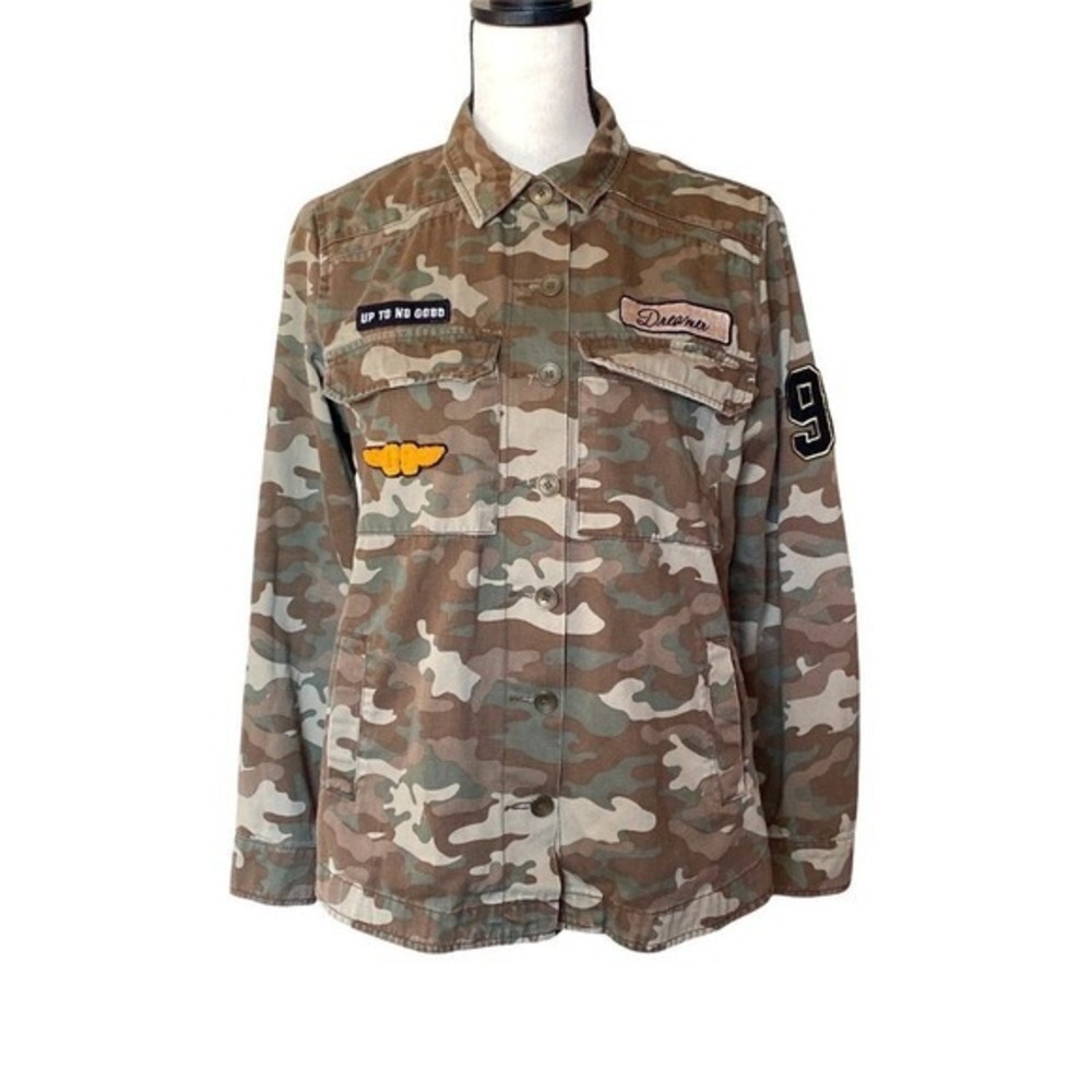 Camo Print Button Down Shirt Jacket with Patches, Military Style, Casual Small - Picture 2 of 14
